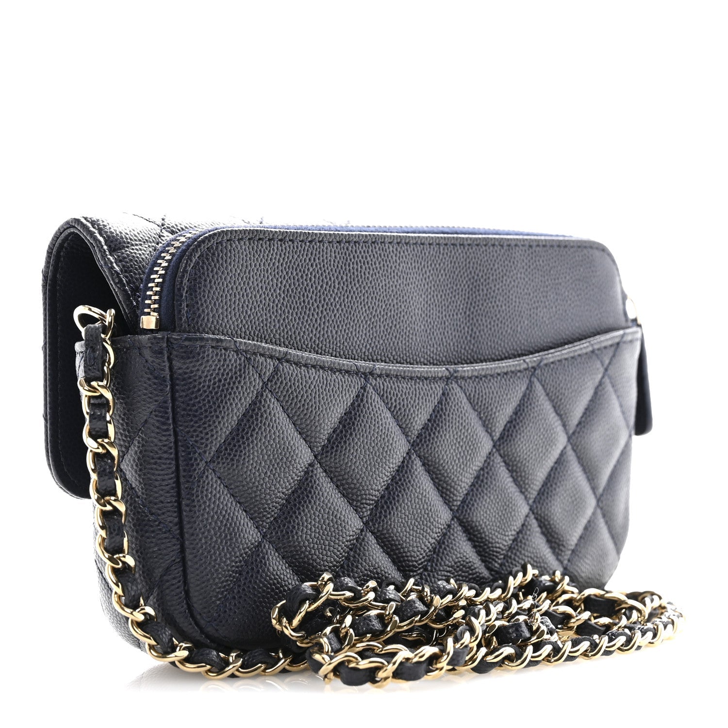 Caviar Quilted Flap Phone Holder With Chain Navy