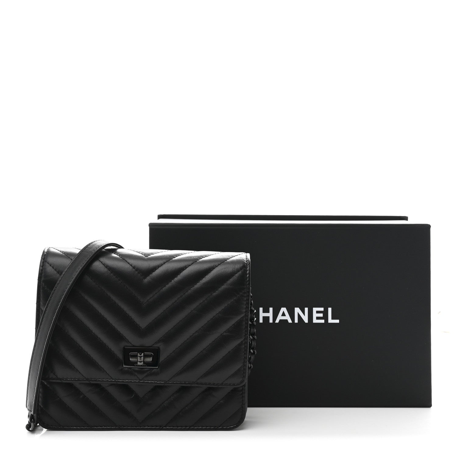 Chanel Aged Calfskin Chevron Quilted Reissue 2.55 Square Wallet On Chain WOC So Black