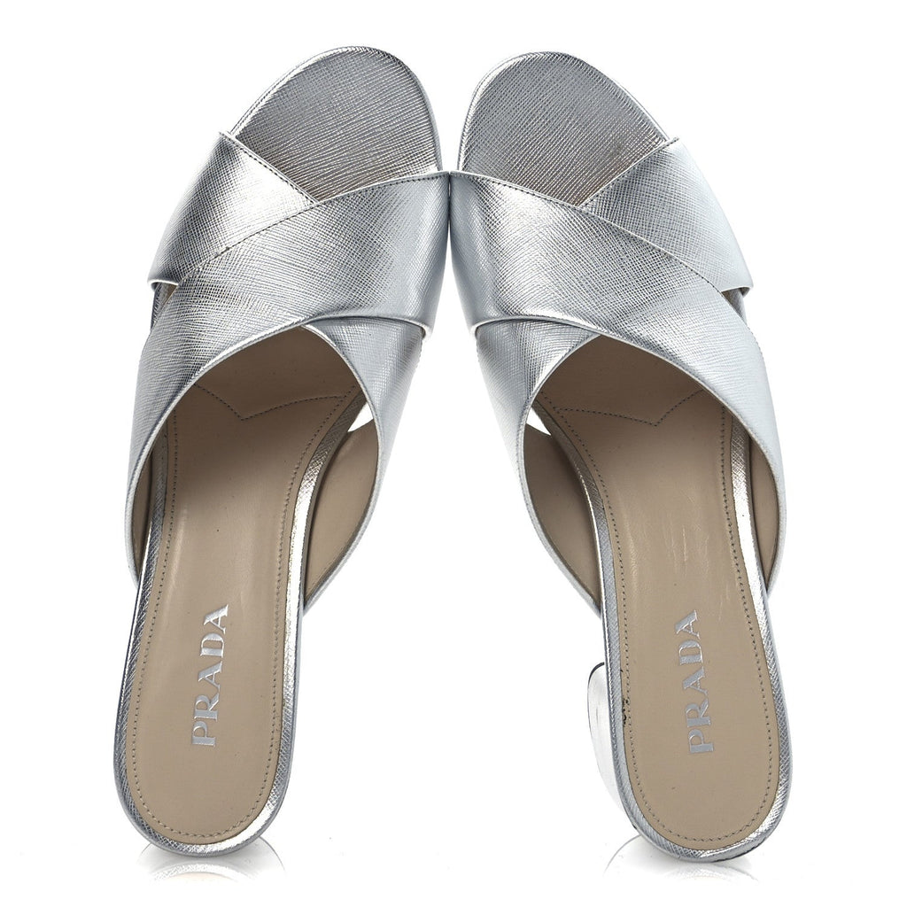 Prada Metallic Saffiano Crisscross Platform Sandals 41 Silver