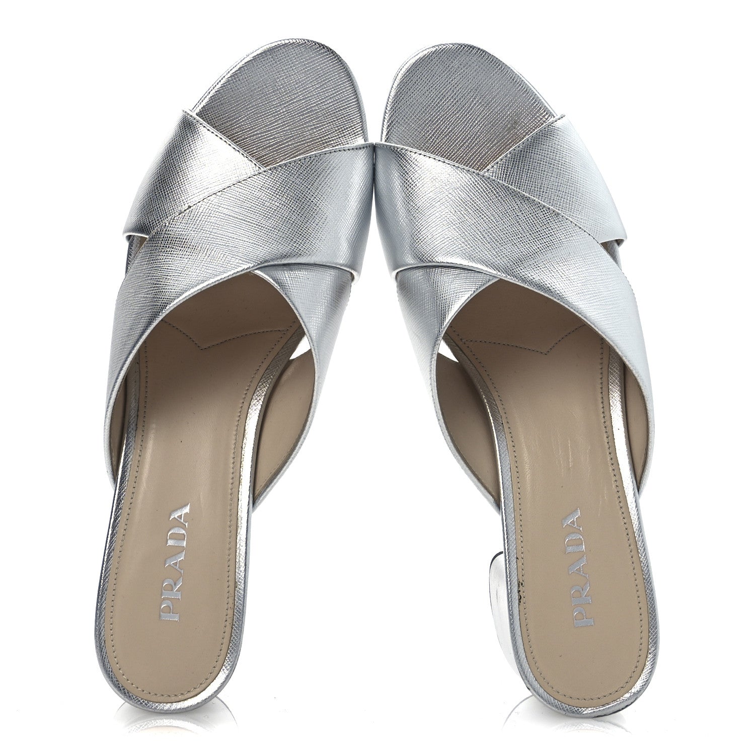 Prada Metallic Saffiano Crisscross Platform Sandals 41 Silver