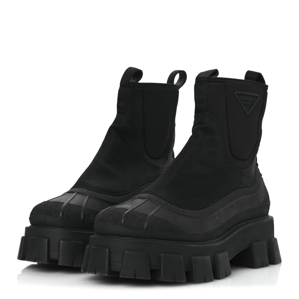Prada Re-Nylon Gabardine Rubber Triangle Logo Womens Monolith 55mm Ankle Boots 38 Black
