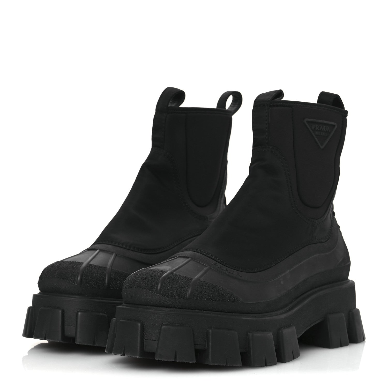 Prada Re-Nylon Gabardine Rubber Triangle Logo Womens Monolith 55mm Ankle Boots 38 Black