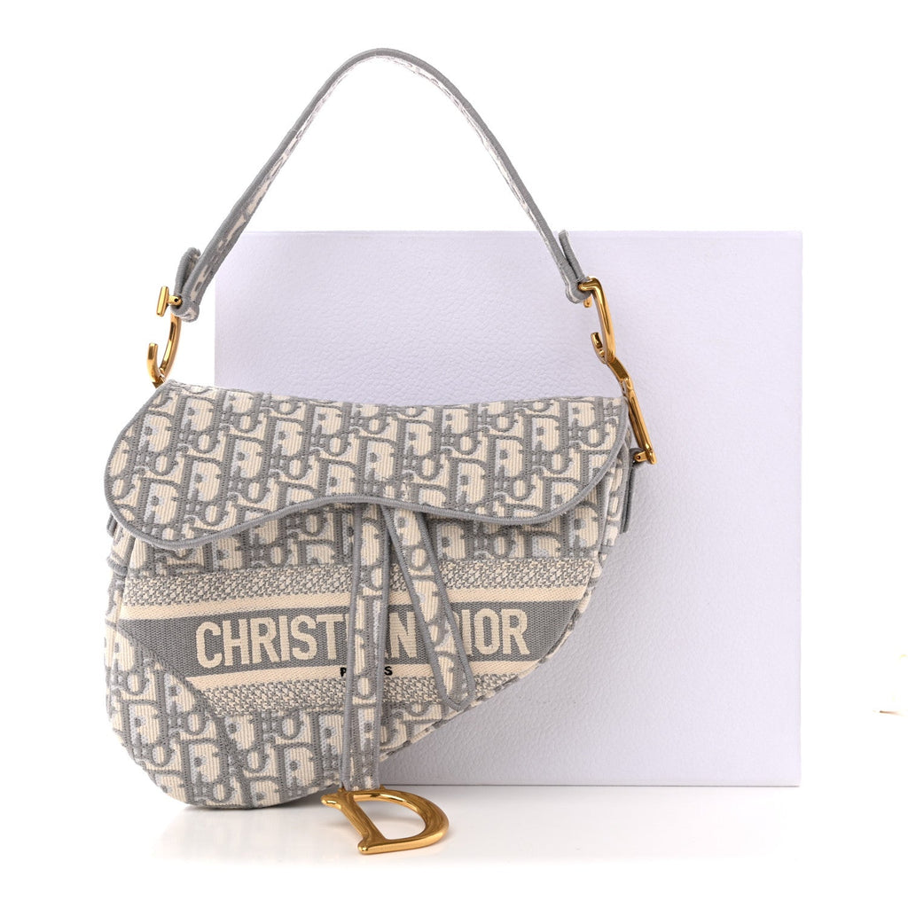 Christian Dior Oblique Embroidered Saddle Bag Gray