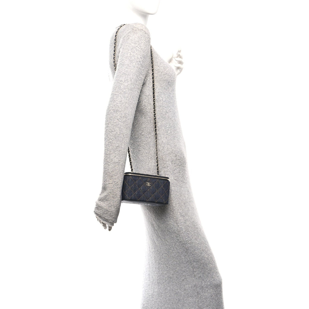 Chanel Denim Quilted Vanity Case With Chain Dark Blue