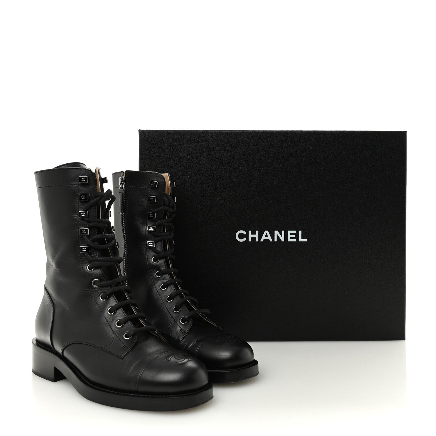 Calfskin Lace Up Combat Boots 37.5 Black