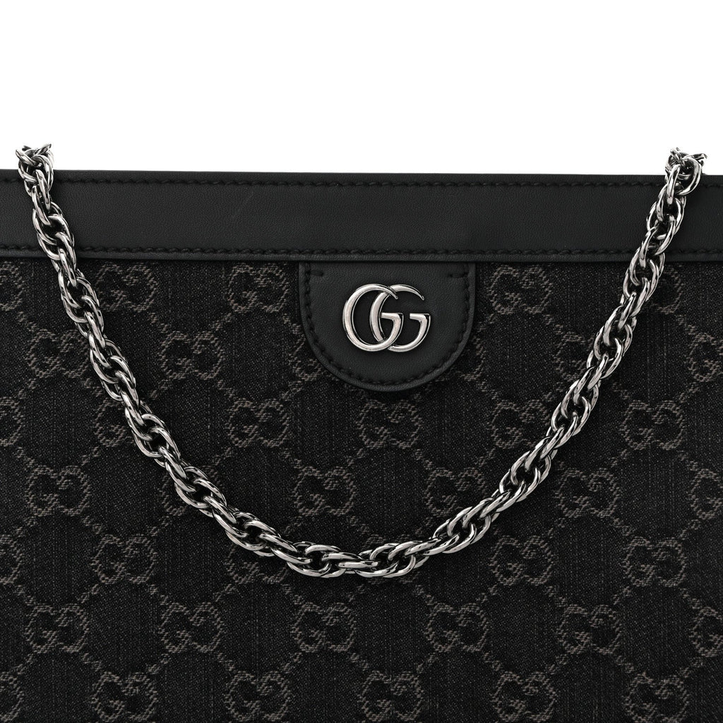 Gucci Jacquard Black Denim GG Monogram Chain Shoulder Bag Black Ivory