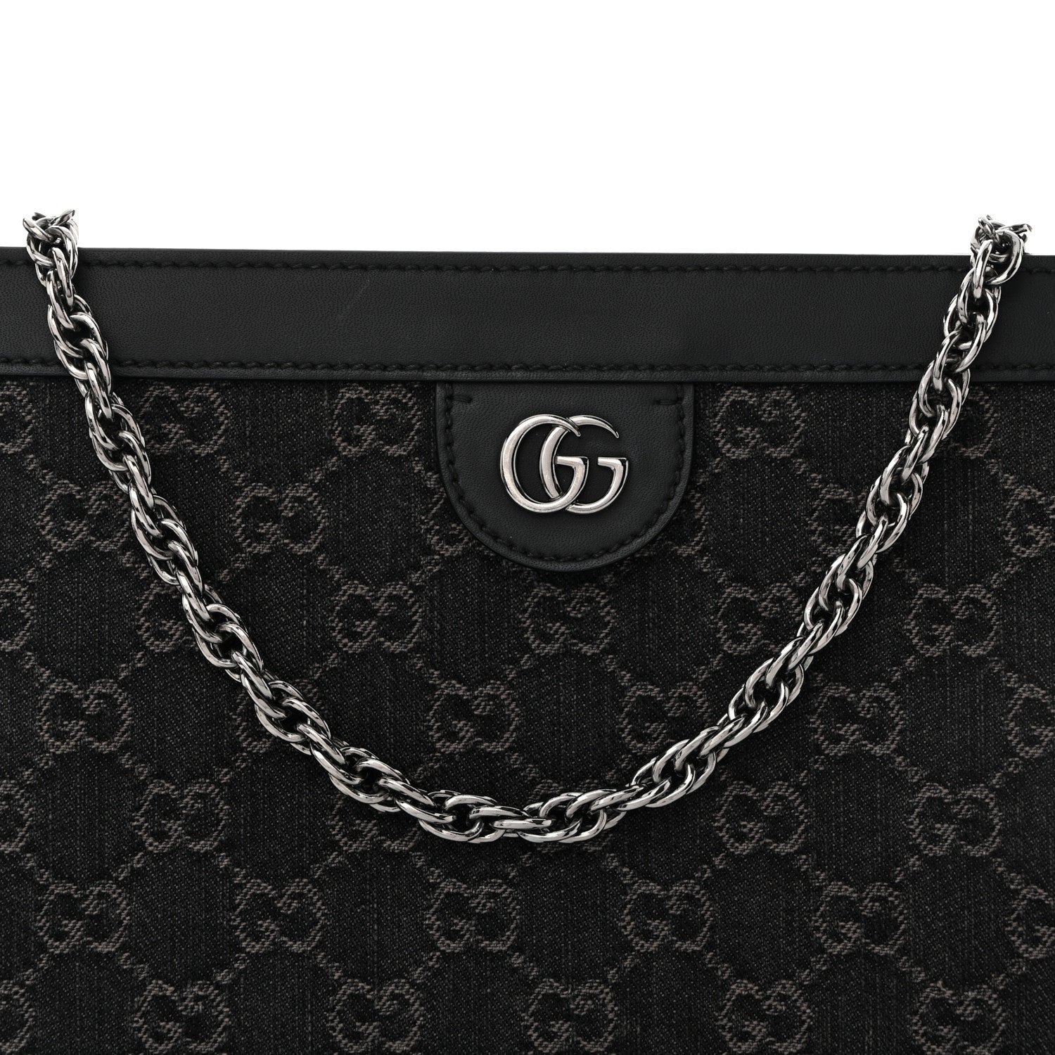 Gucci Jacquard Black Denim GG Monogram Chain Shoulder Bag Black Ivory