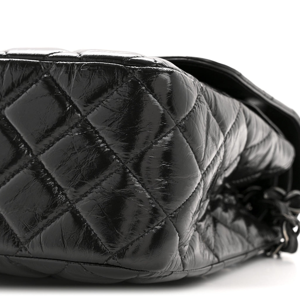 Chanel Shiny Crumpled Calfskin Quilted Jumbo Double Flap So Black