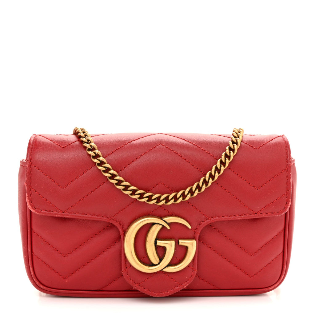 Gucci Calfskin Matelasse Super Mini GG Marmont Shoulder Bag Hibiscus Red