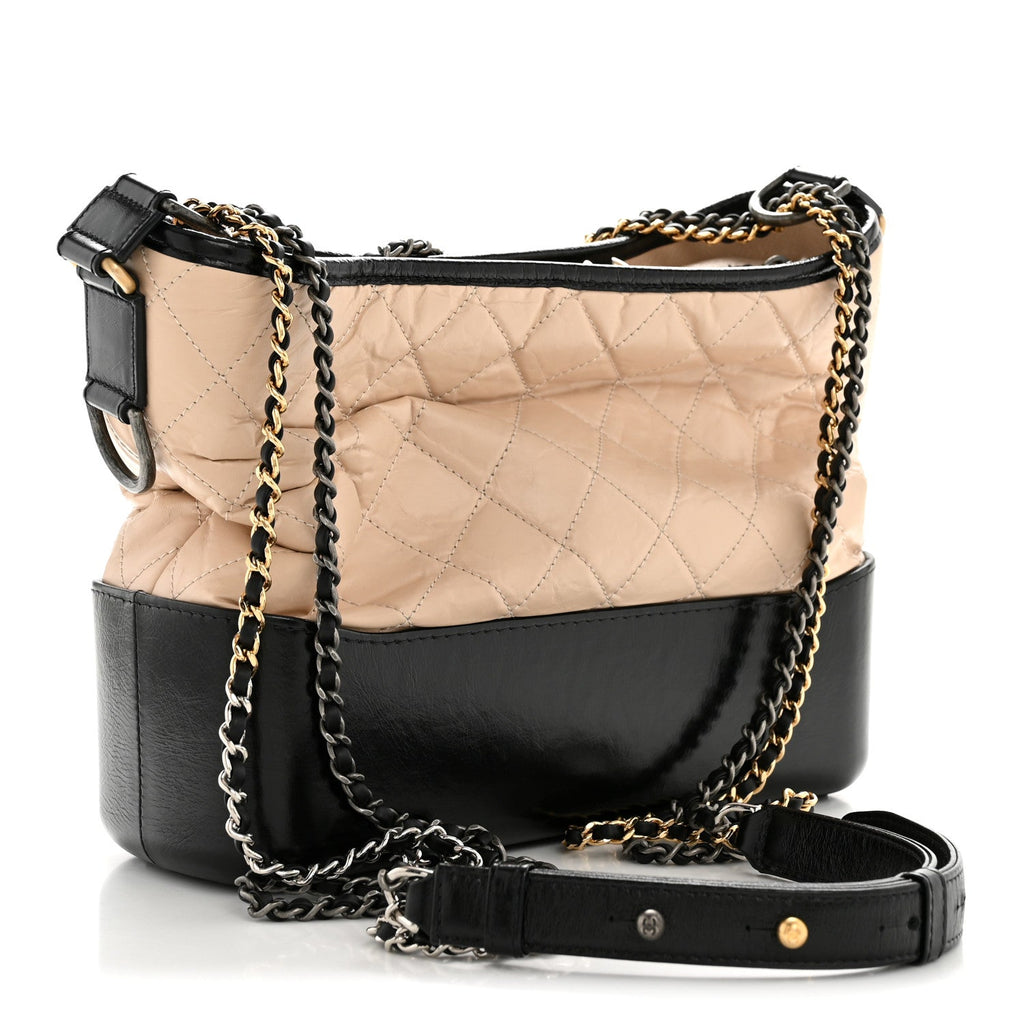 Chanel Aged Calfskin Quilted Medium Gabrielle Hobo Beige Black