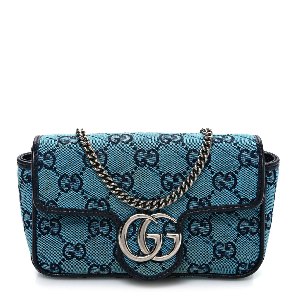 Gucci Monogram Multicolor Matelasse Diagonal Super Mini GG Marmont Shoulder Bag Light Blue
