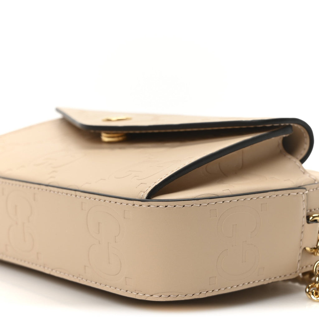 Gucci Calfskin GG Super Mini Debossed Chain Wallet Light Beige