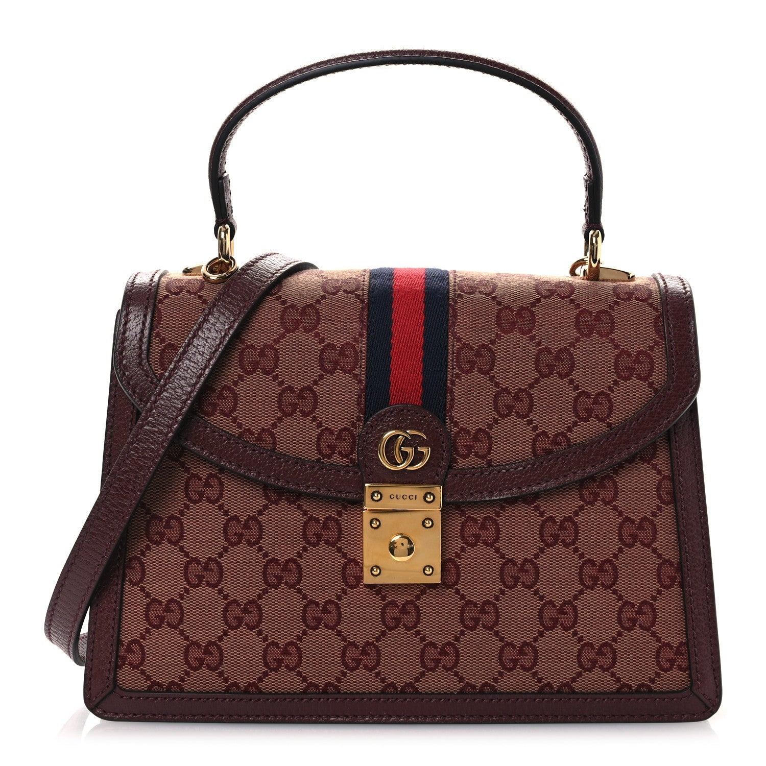 Gucci GG Supreme Monogram Textured Dollar Calfskin Web Small Ophidia Padlock Top Handle Bag Bordeaux