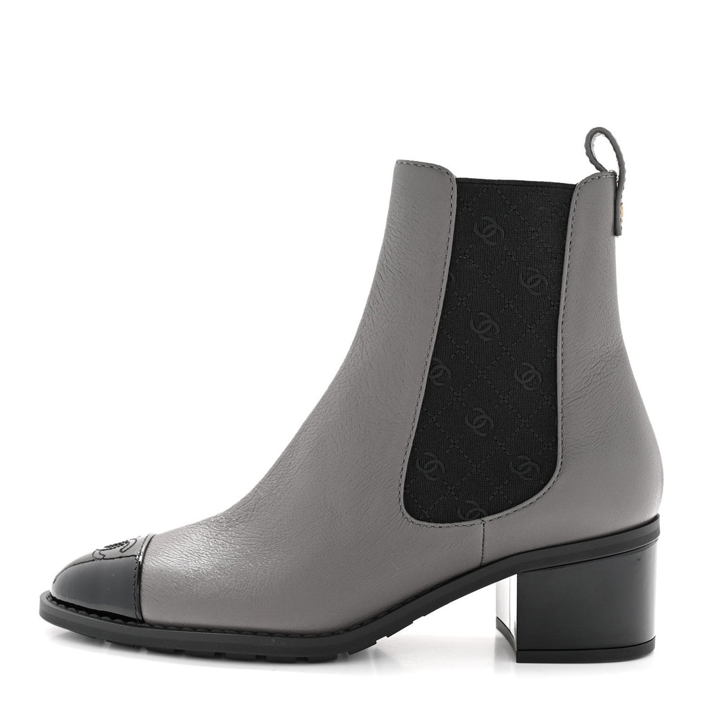 Calfskin Patent Cap Toe CC Short Boots 39 Grey Black