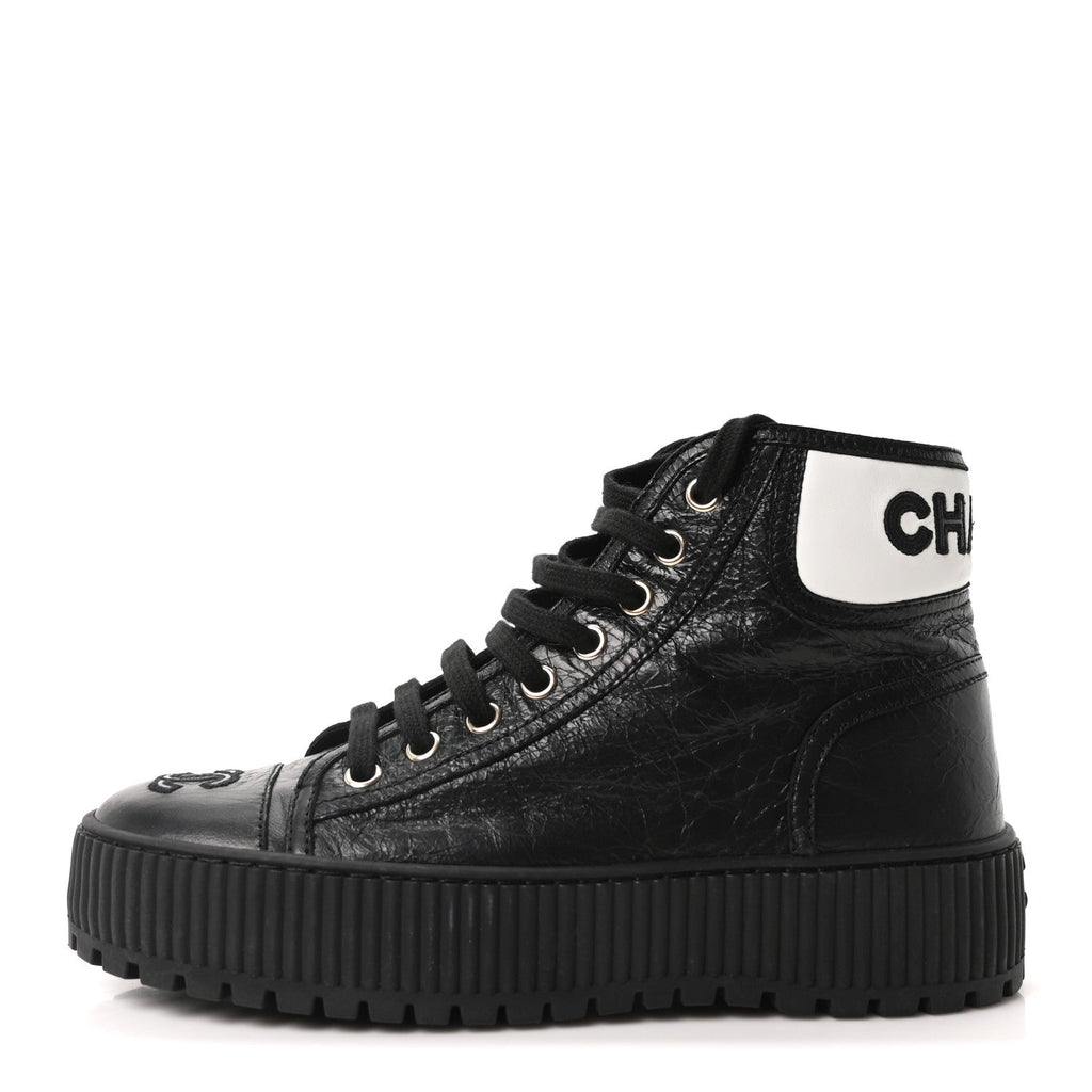 Aged Calfskin Lace Up Cap Toe Sneakers 36 Black White