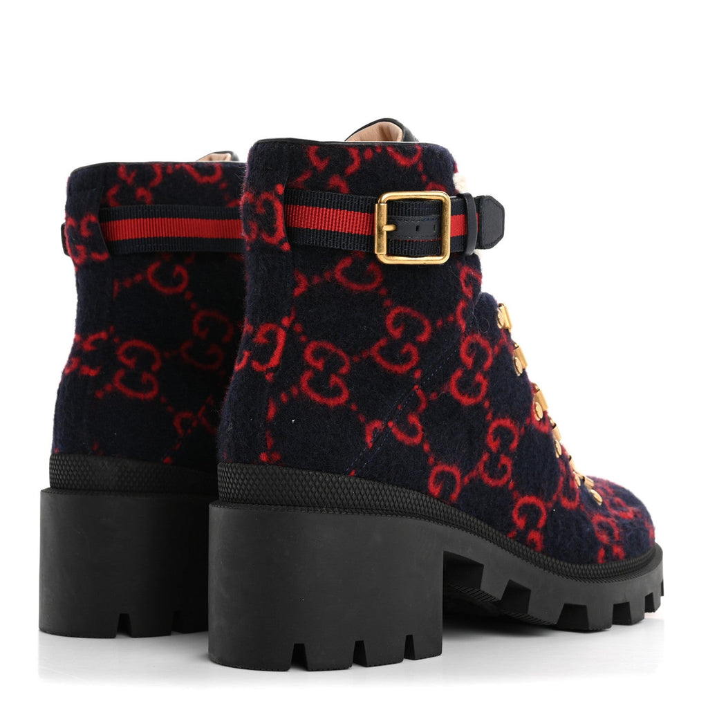 Gucci Covered Wool Big GG Monogram Womens Lace Up Combat Ankle Boots 37 Blue Red
