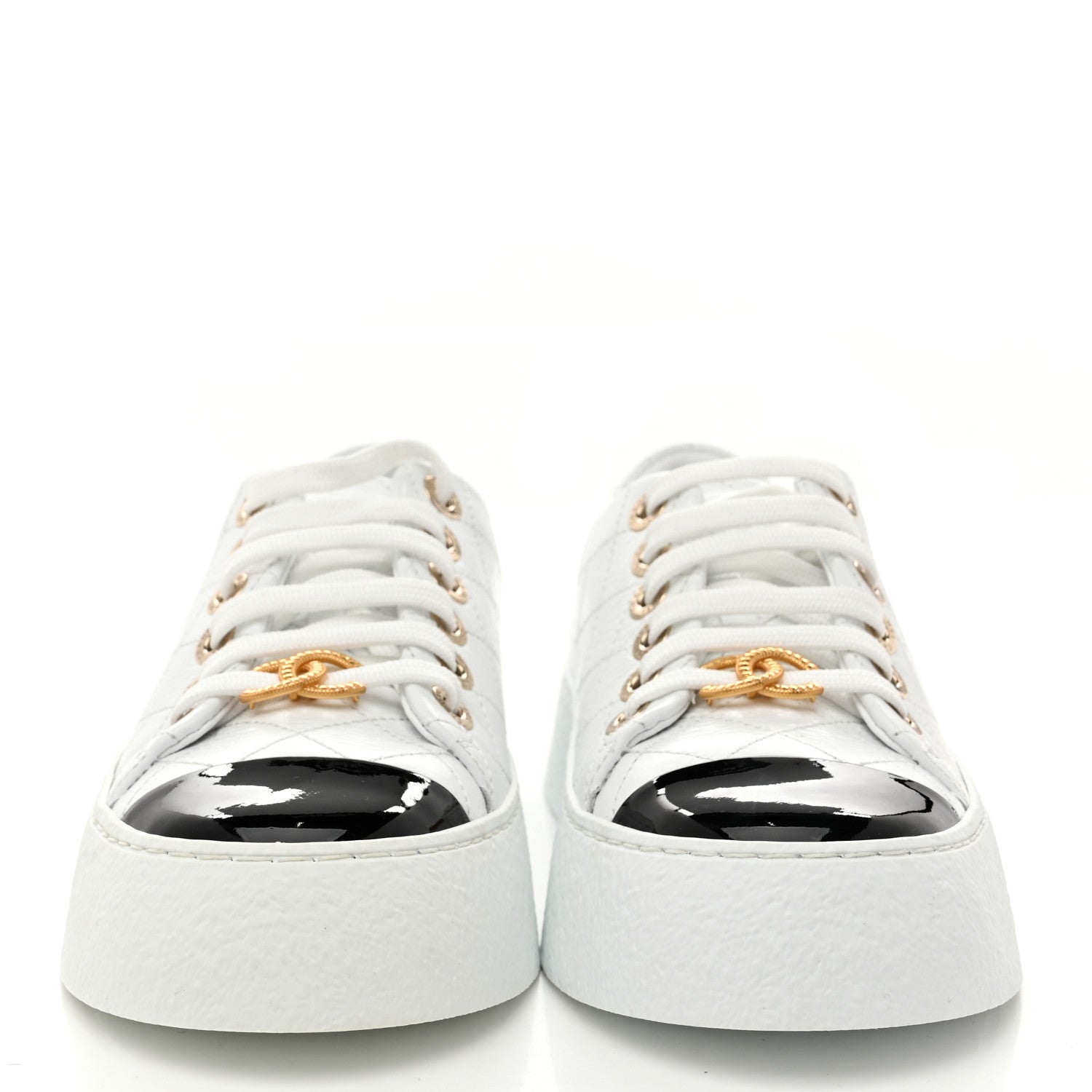 Crumpled Lambskin Patent Cap Toe CC Stitched Sneakers 35.5 White Black