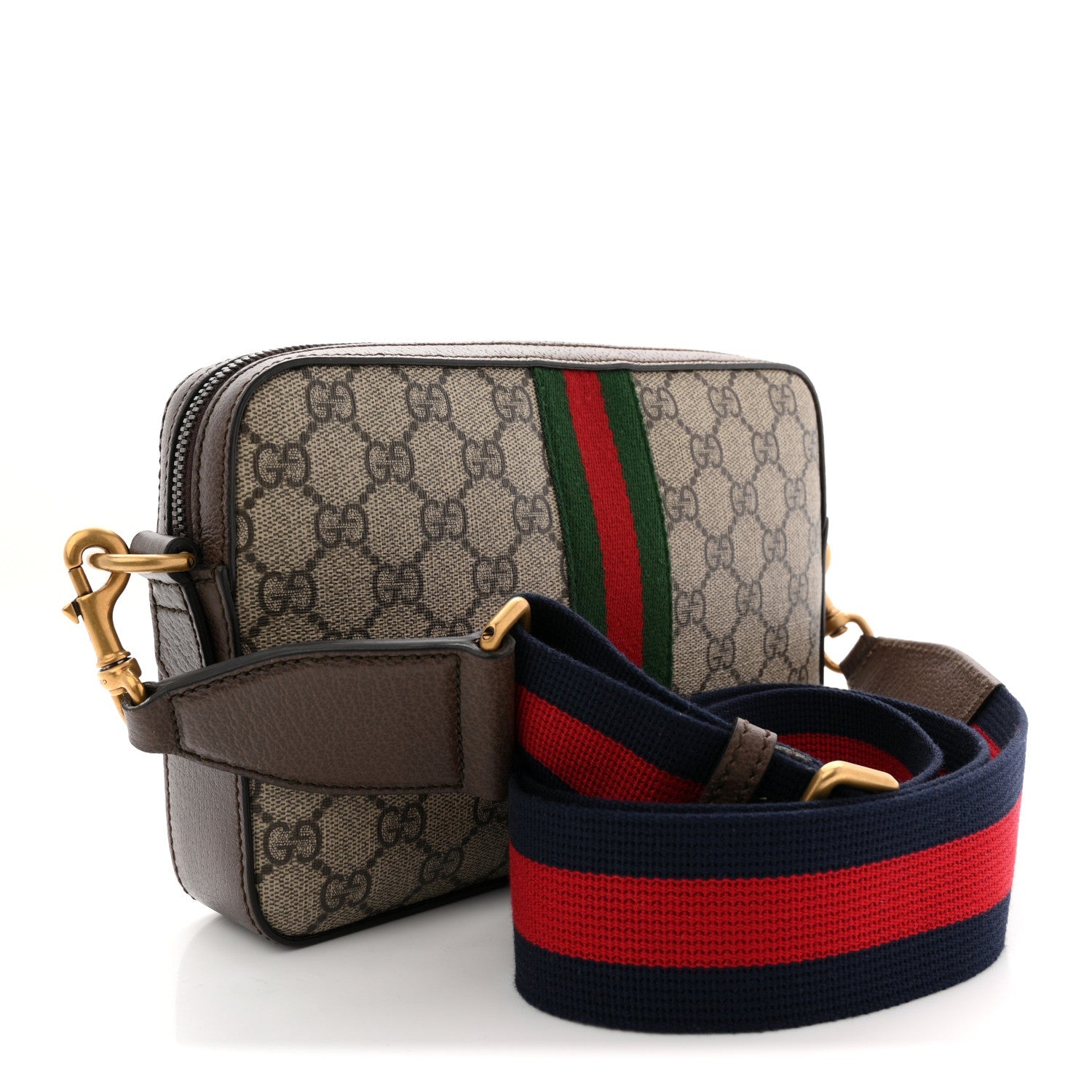 Gucci GG Supreme Monogram Textured Dollar Calfskin Web Ophidia Wristlet Shoulder Bag Beige Ebony New Acero