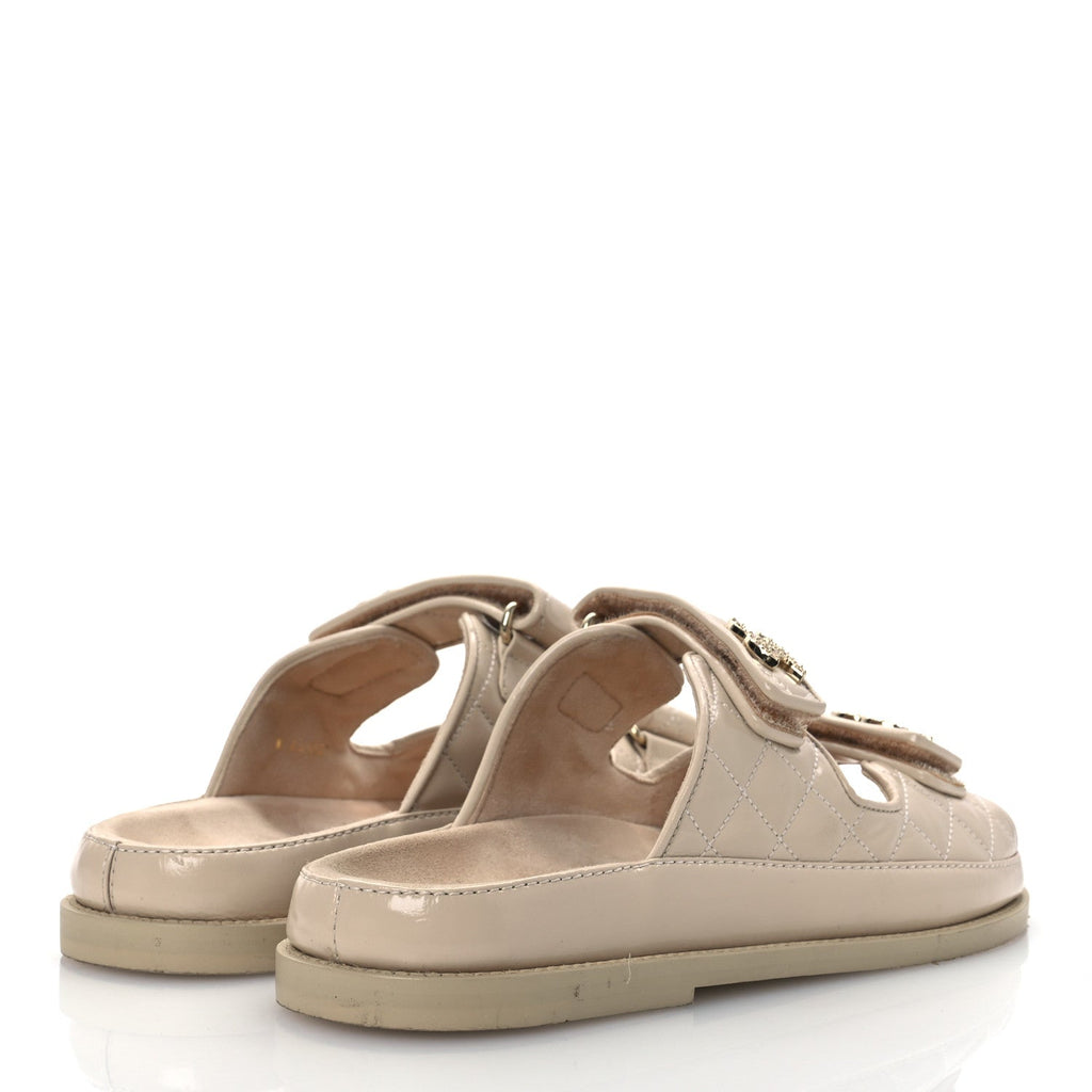 Chanel Shiny Calfskin Crystal Quilted Velcro Dad CC Slide Sandals 38 Light Beige