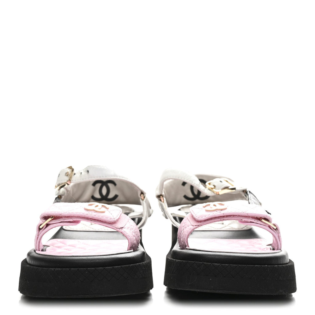 Lambskin Quilted CC Logo Platform Sandals 38 Black White Pink