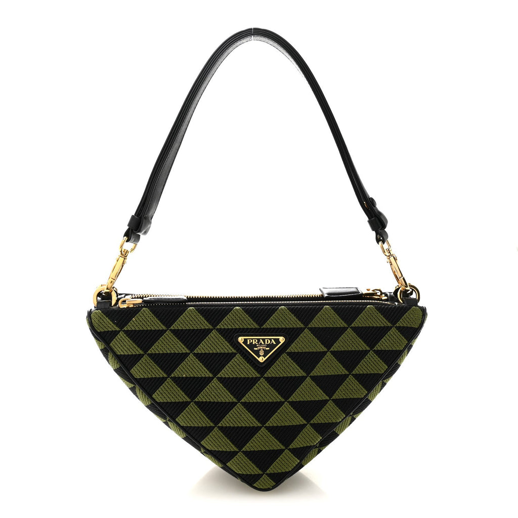 Prada Jacquard Calfskin Triangolo Symbole Embroidered Mini Triangle Double Bag Black Edera