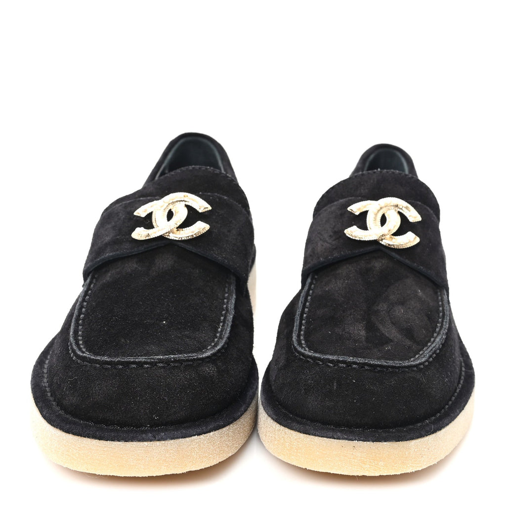 Chanel Suede Calfskin Pearl CC Moccasin Loafers 38.5 Black