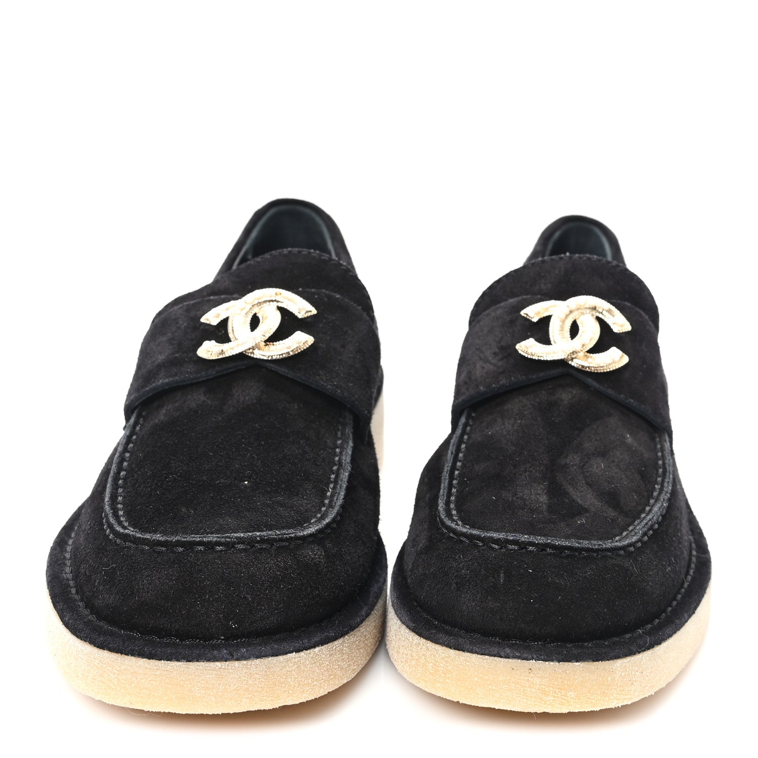 Chanel Suede Calfskin Pearl CC Moccasin Loafers 38.5 Black