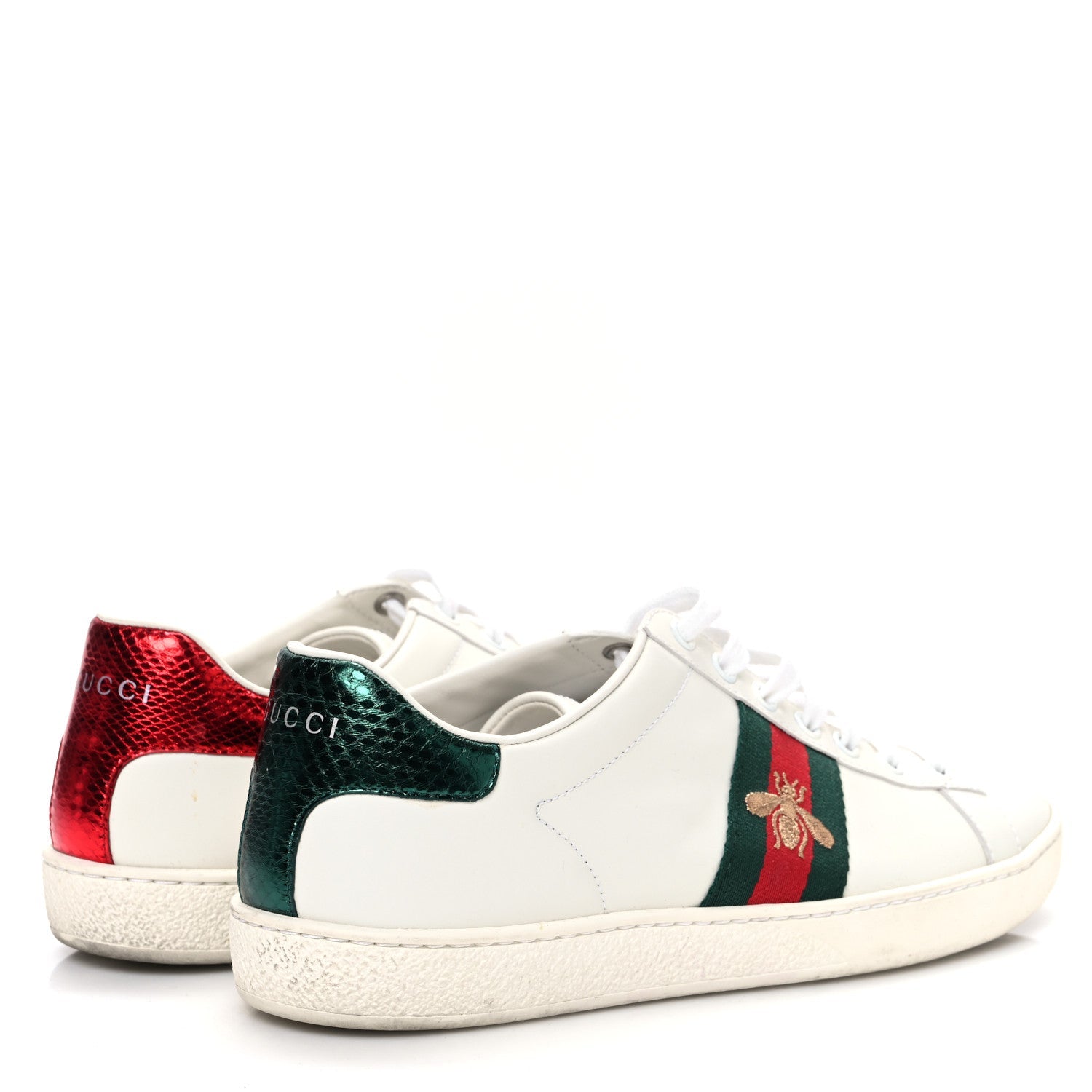 Gucci Calfskin Ayers Bee Embroidered Womens Ace Sneakers 39 White Red Flame Green