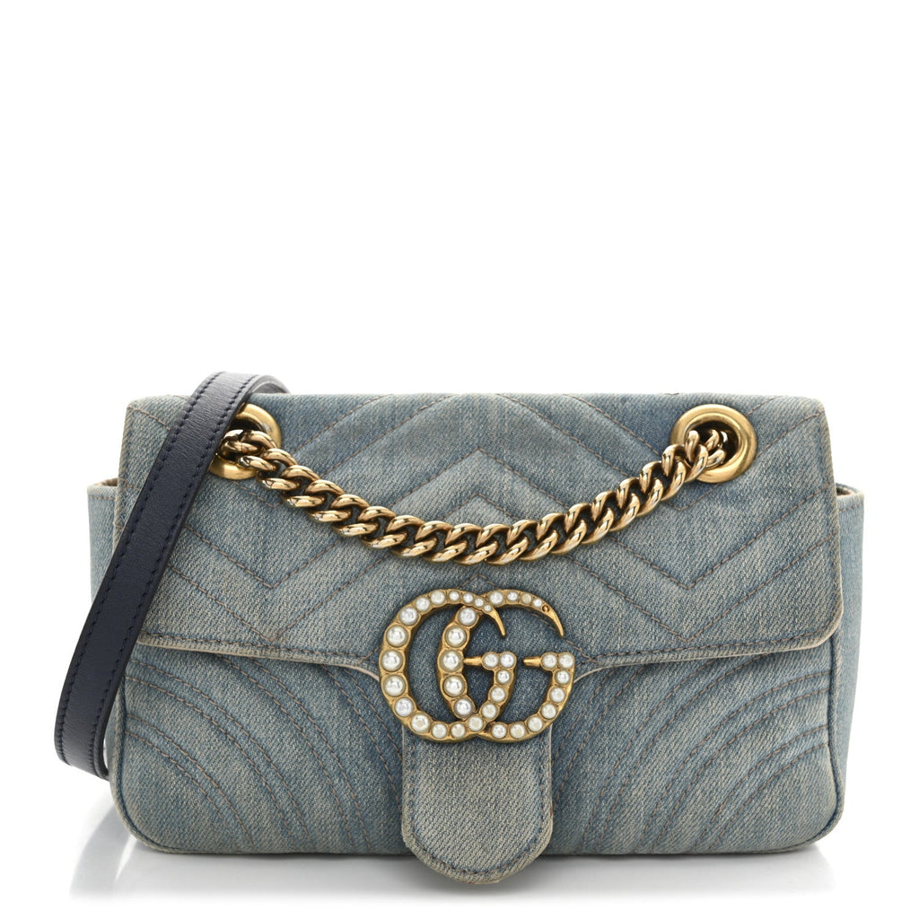Gucci Denim Matelasse Mini Pearly GG Marmont Shoulder Bag Blue