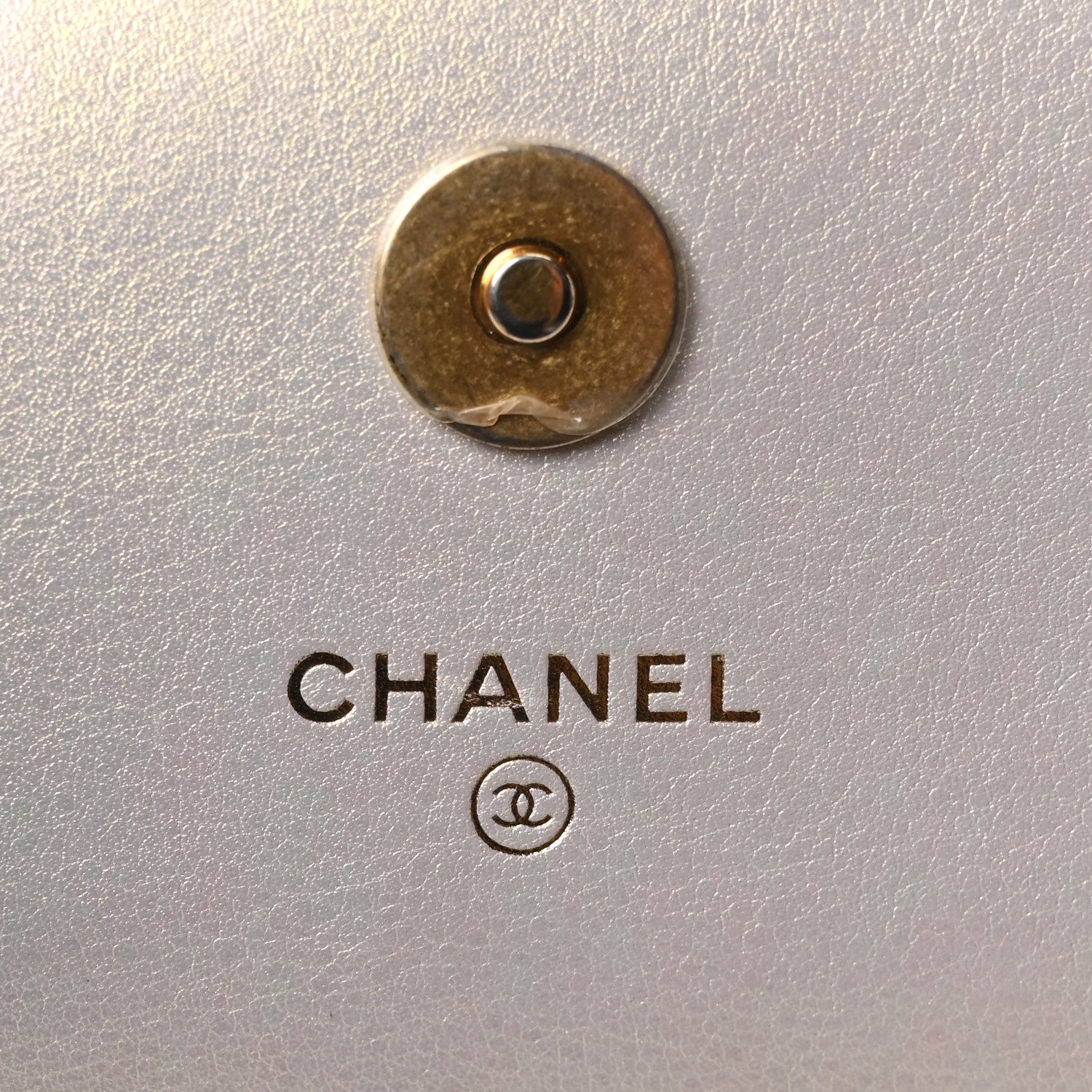 Iridescent Calfskin Quilted Chanel 19 Phone Holder With Chain White