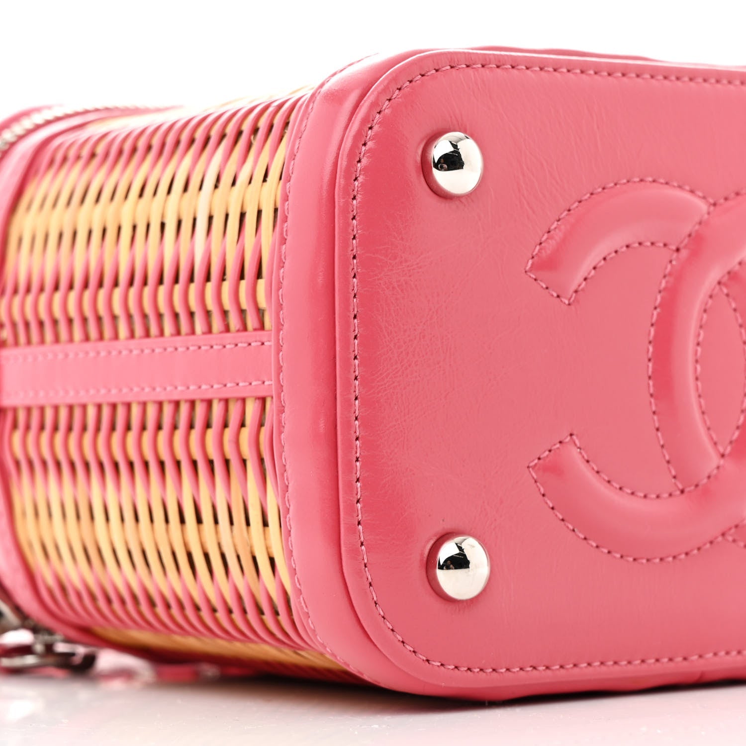 Chanel Calfskin Raffia Small Take Away Vanity Case Bag Pink Beige