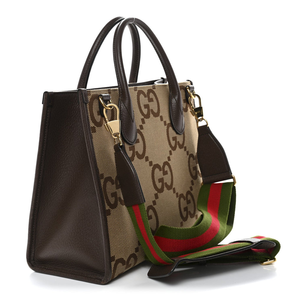 Gucci Monogram Jumbo GG Textured Dollar Calfskin Web Small Tote Bag Camel Ebony New Acero