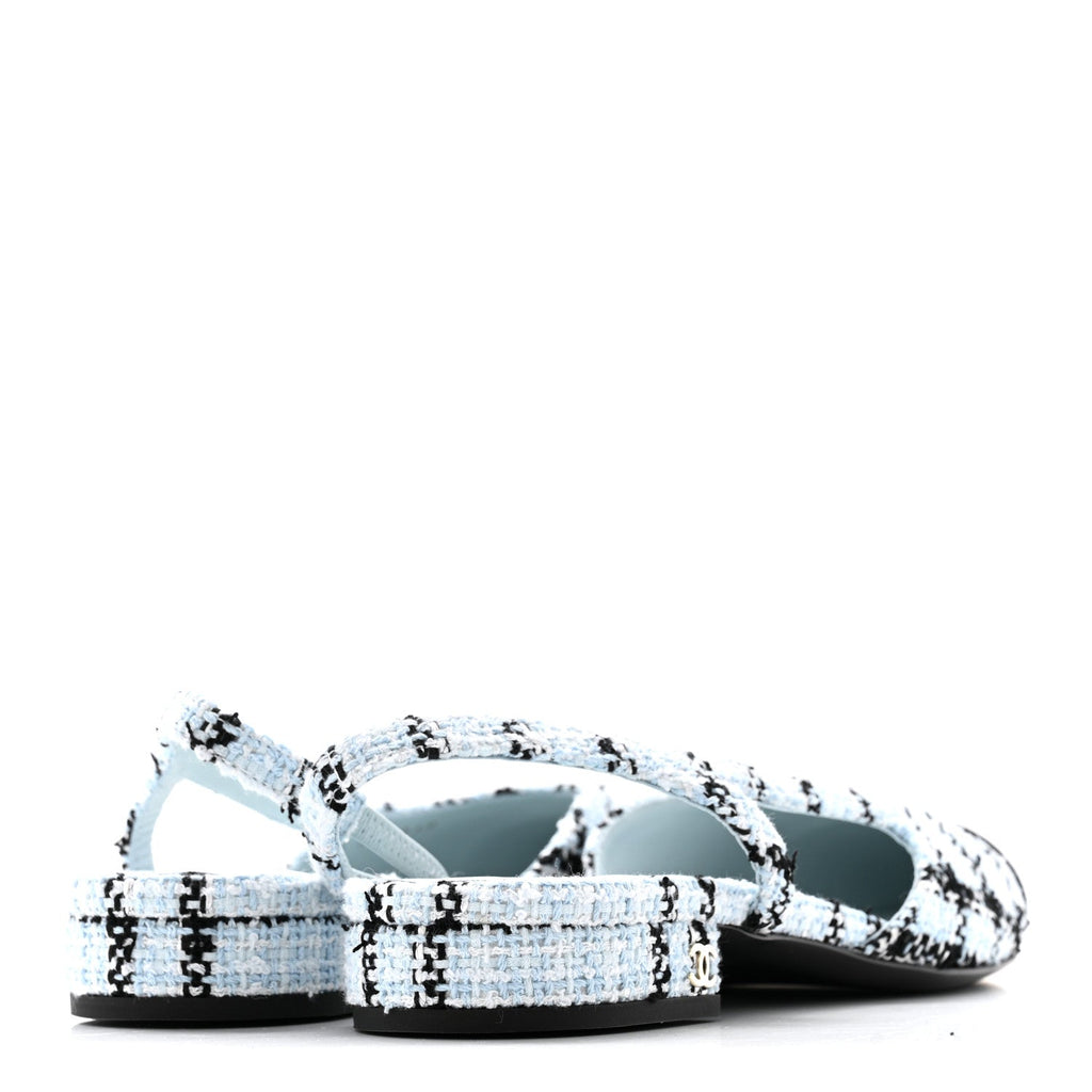 Chanel Tweed Grosgrain Cap Toe Slingback Flats 37 Blue White Black