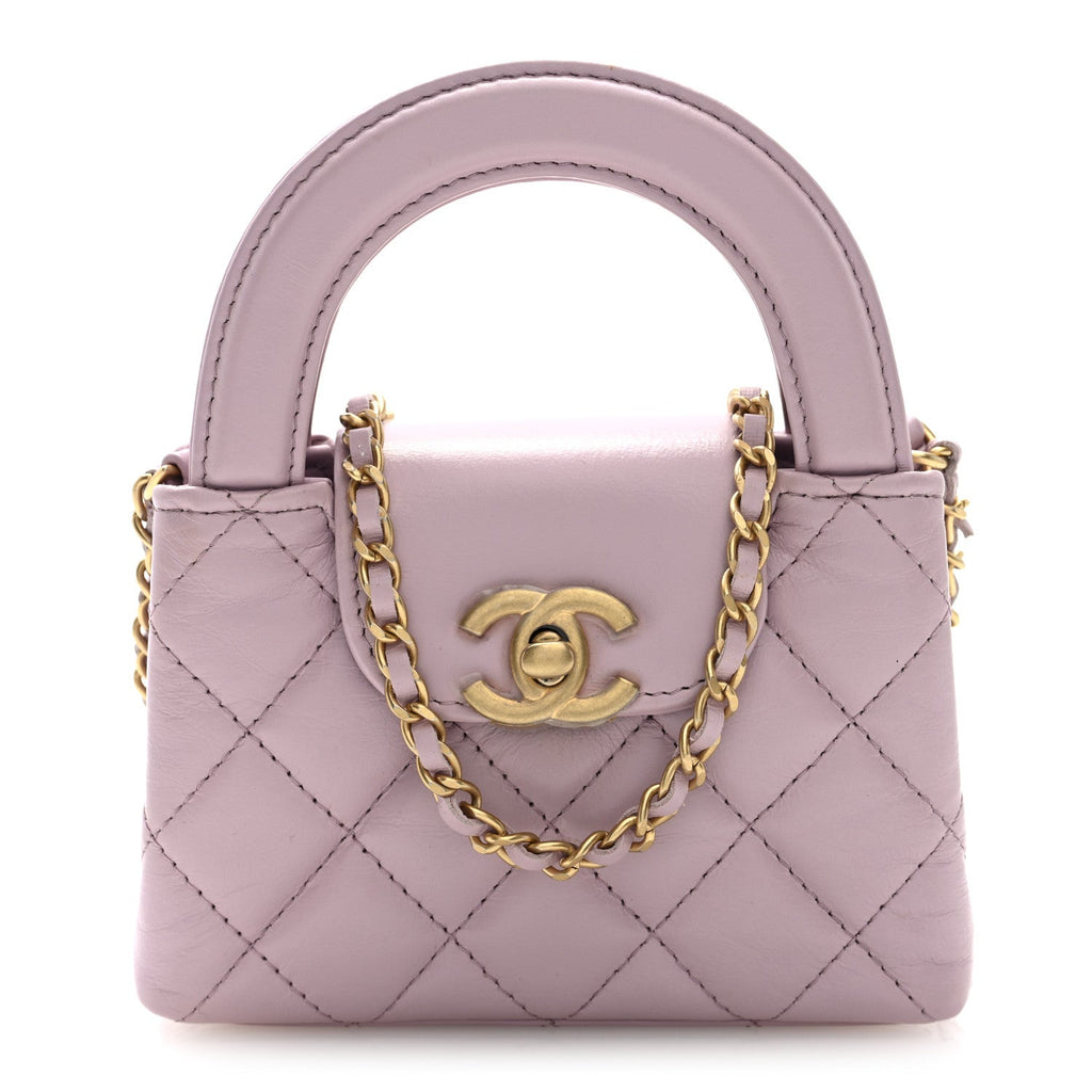Chanel Shiny Aged Calfskin Quilted Mini Nano Kelly Shopper Light Pink