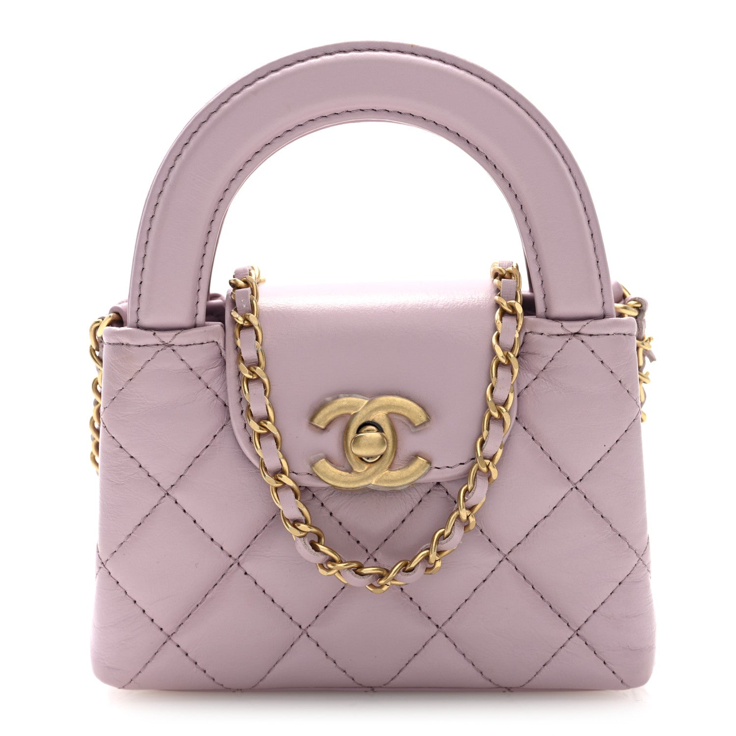 Chanel Shiny Aged Calfskin Quilted Mini Nano Kelly Shopper Light Pink
