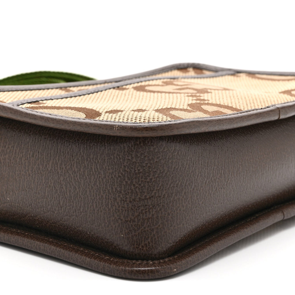 Gucci Monogram Jumbo GG Textured Dollar Calfskin Web Mini Crossbody Bag Camel Ebony New Acero