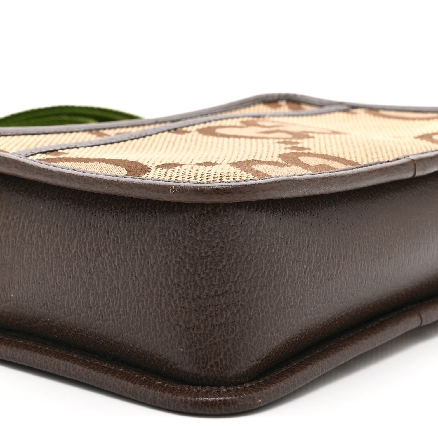 Gucci Monogram Jumbo GG Textured Dollar Calfskin Web Mini Crossbody Bag Camel Ebony New Acero