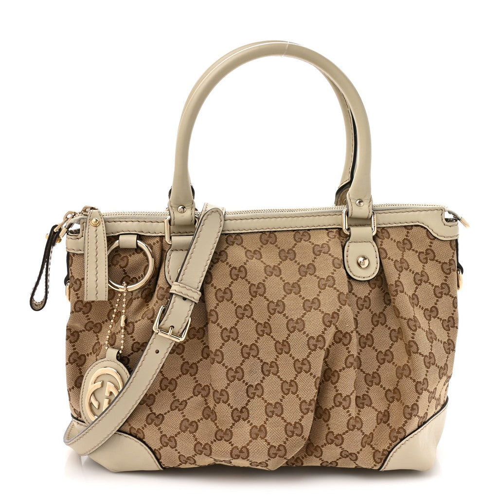 Gucci Monogram Margaux Calfskin Medium Sukey Top Handle Bag Beige Ebony Mystic White