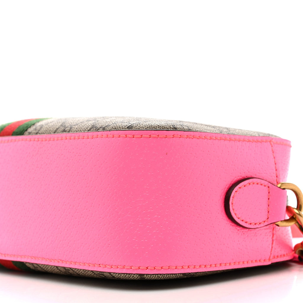 Gucci GG Supreme Monogram Textured Dollar Calfskin Web Ophidia Small Crossbody Bag Beige Ebony Fuchsia