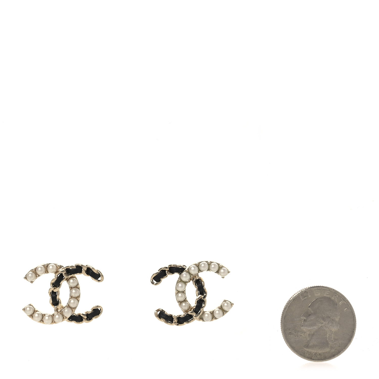 Pearl Lambskin Chain CC Stud Earrings Gold Black