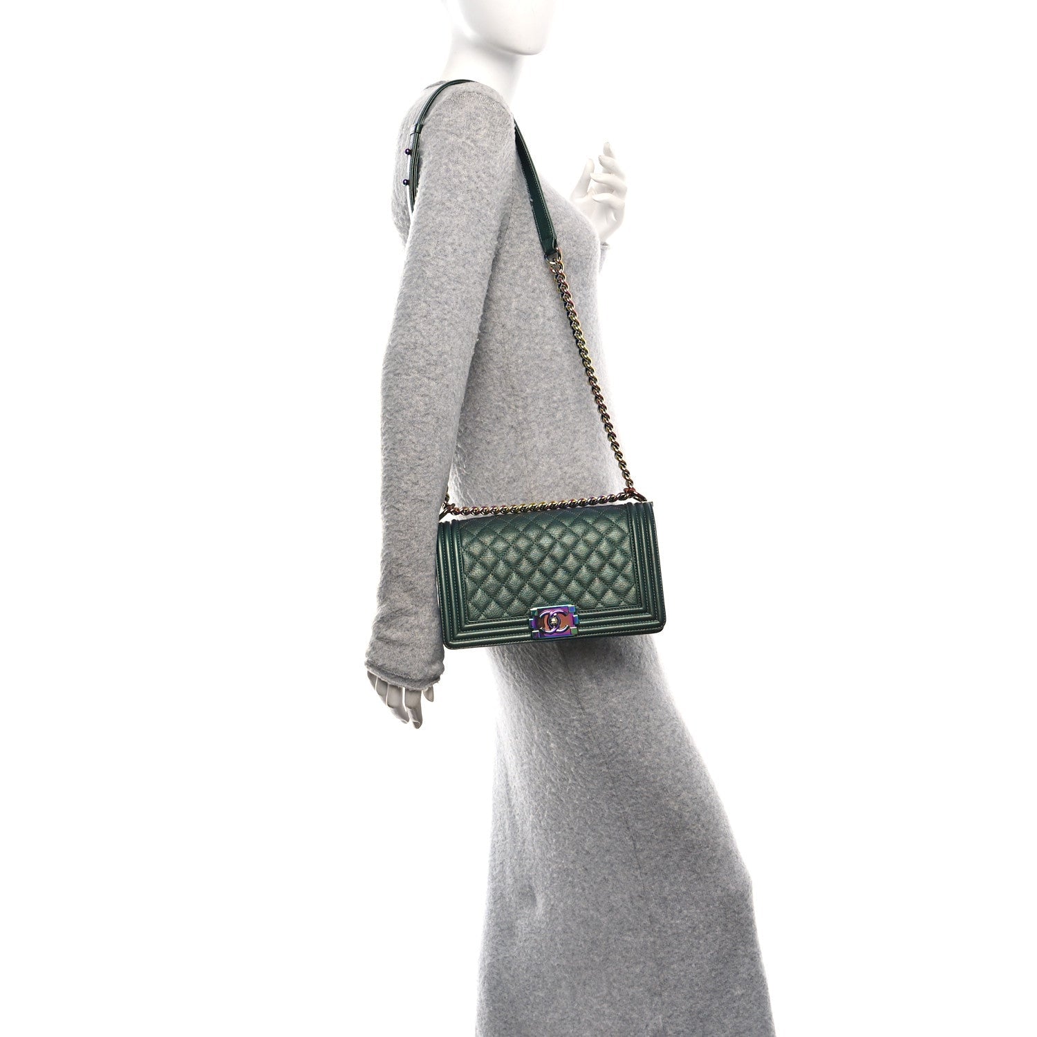 Chanel Iridescent Goatskin Quilted Medium Boy Flap Green