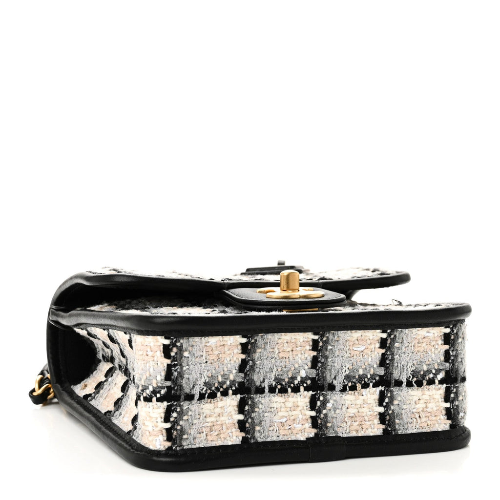 Chanel Tweed Calfskin School Memory Mini Top Handle Flap Ecru Grey Beige Black