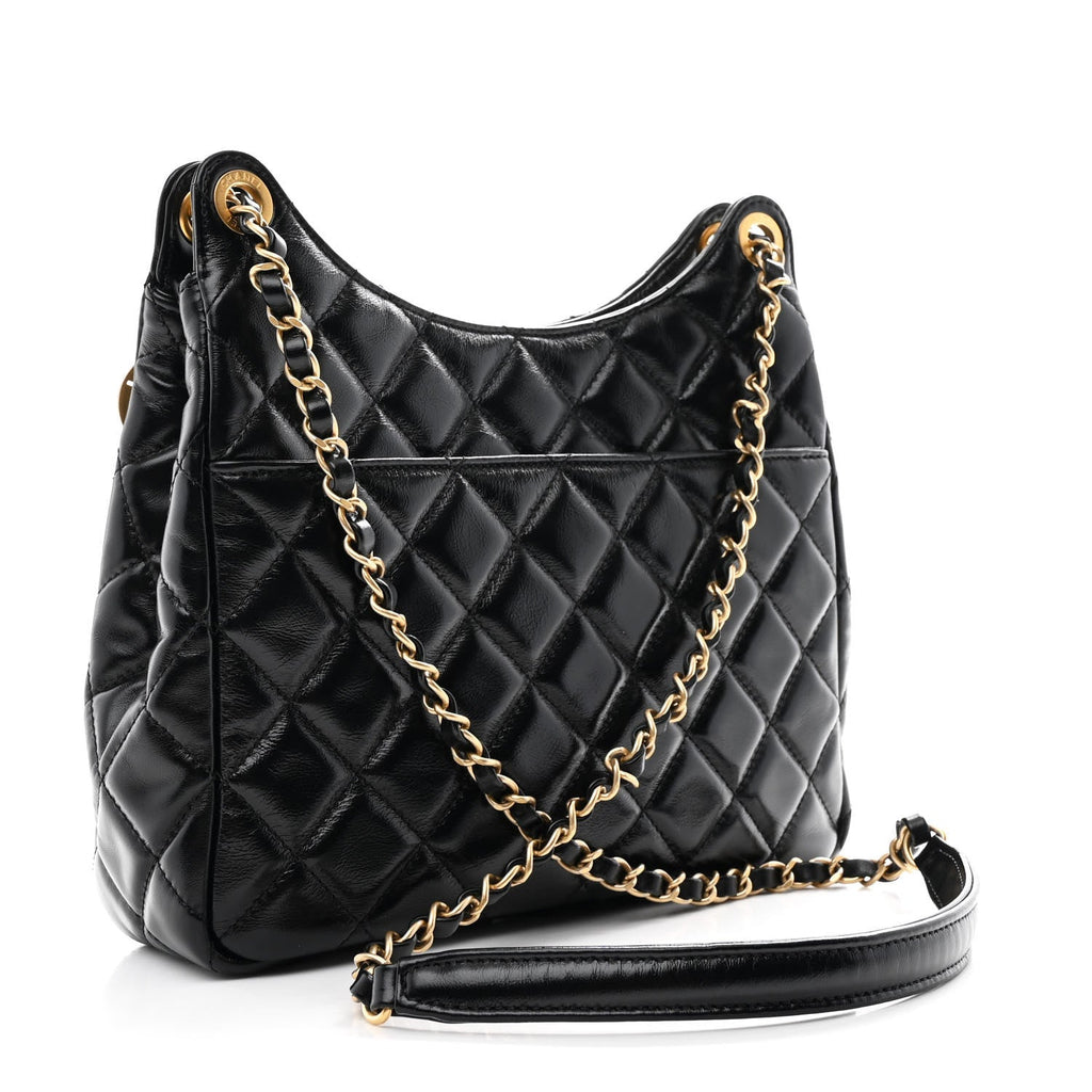 Chanel Shiny Crumpled Calfskin Quilted Wavy CC Hobo Black