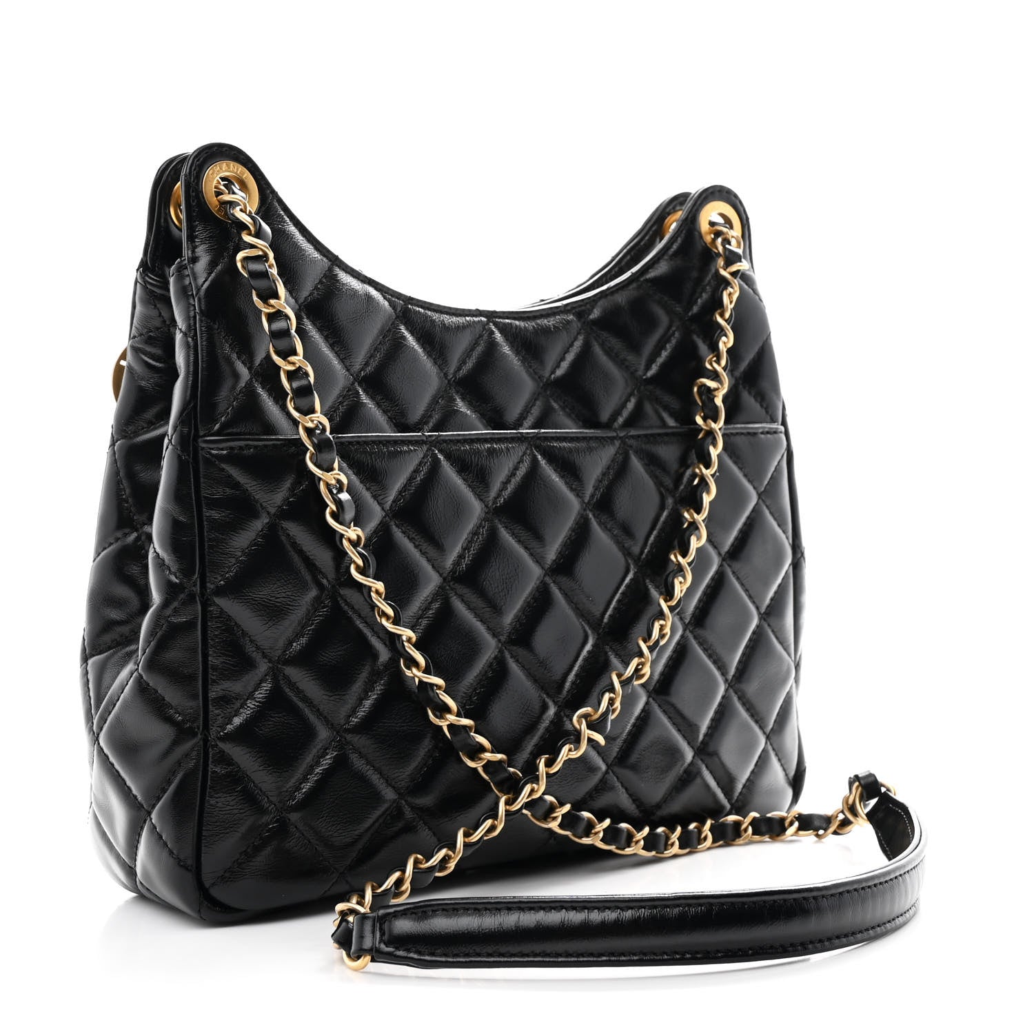 Chanel Shiny Crumpled Calfskin Quilted Wavy CC Hobo Black
