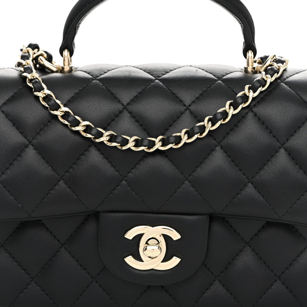 Chanel Lambskin Quilted Mini Top Handle Rectangular Flap Black