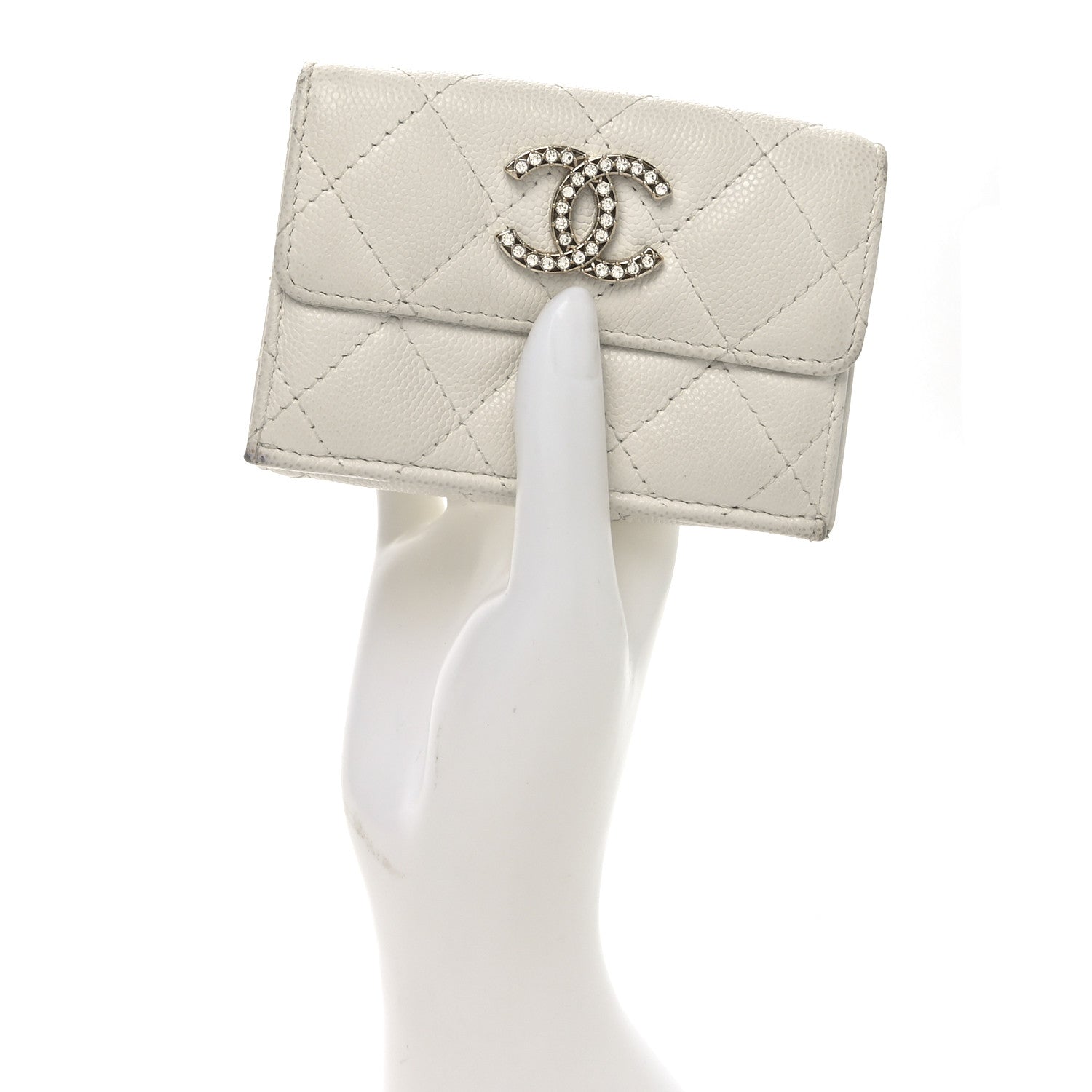 Caviar Quilted Crystal CC Small Flap Wallet White