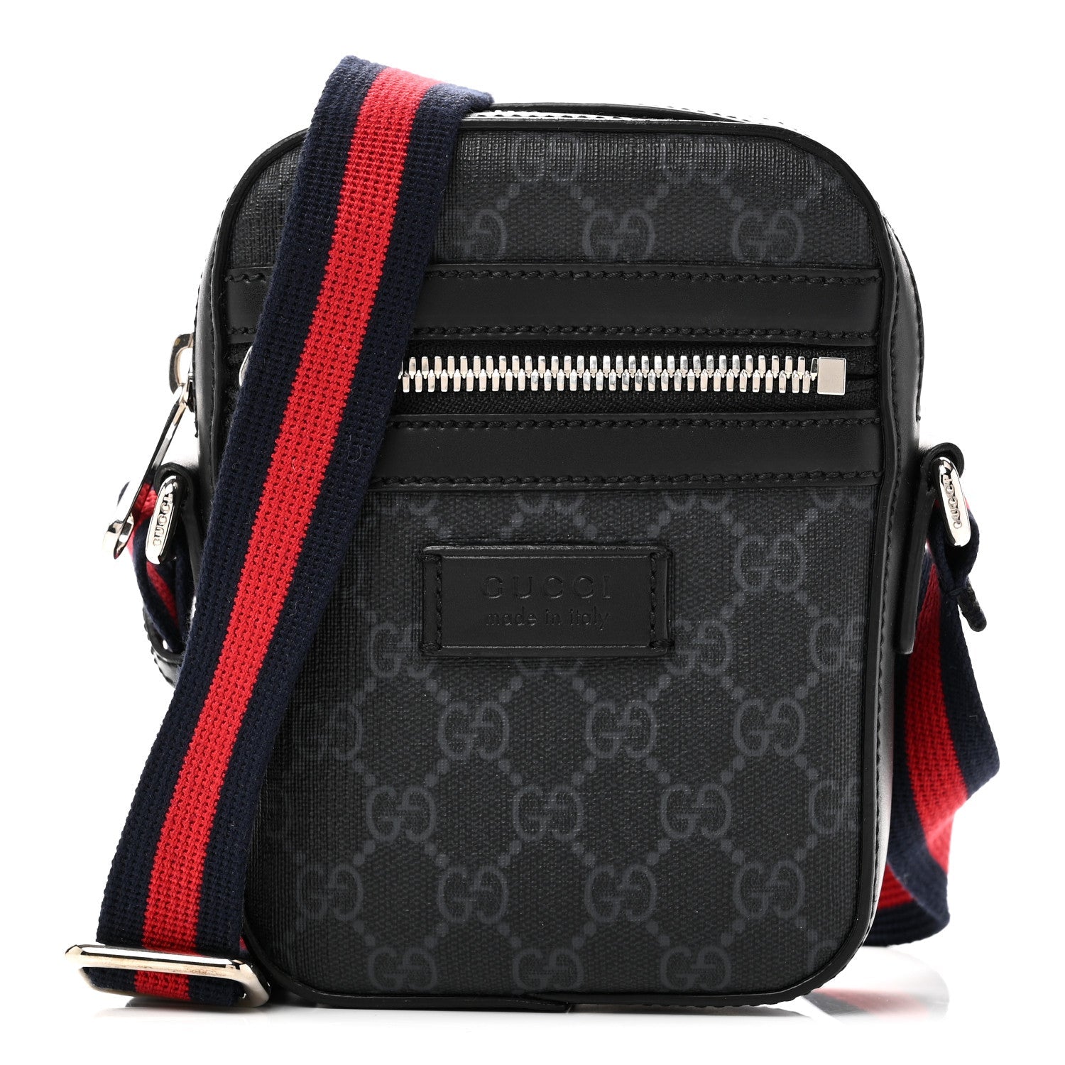 Gucci GG Supreme Monogram Appia Calfskin Web Small Camera Messenger Bag Black Grey