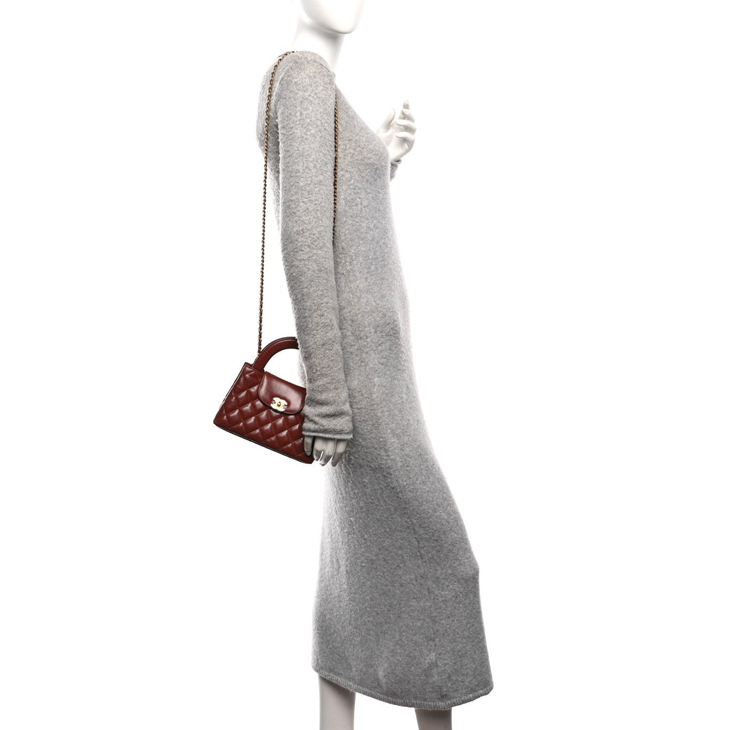 Chanel Shiny Aged Calfskin Quilted Nano Kelly Shopper Brown