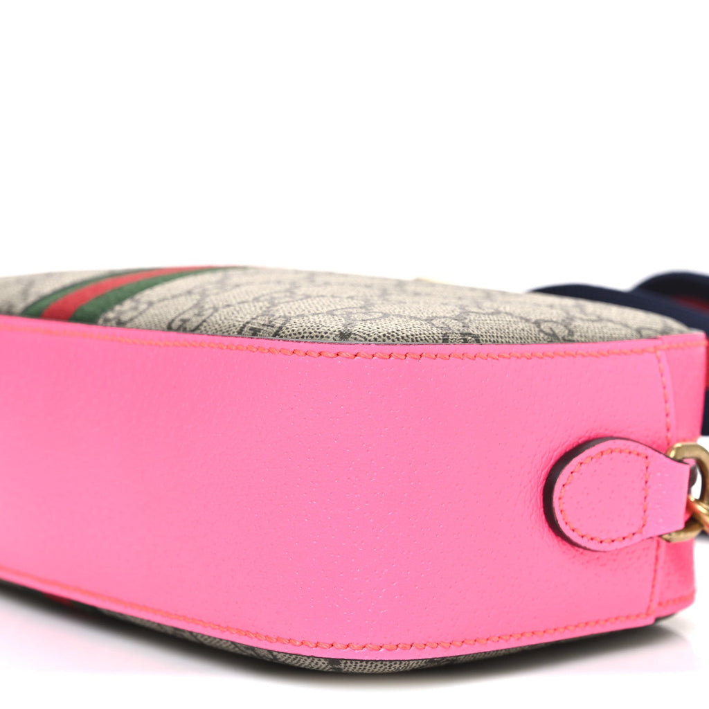 Gucci GG Supreme Monogram Textured Dollar Calfskin Web Ophidia Small Crossbody Bag Beige Ebony Fuchsia