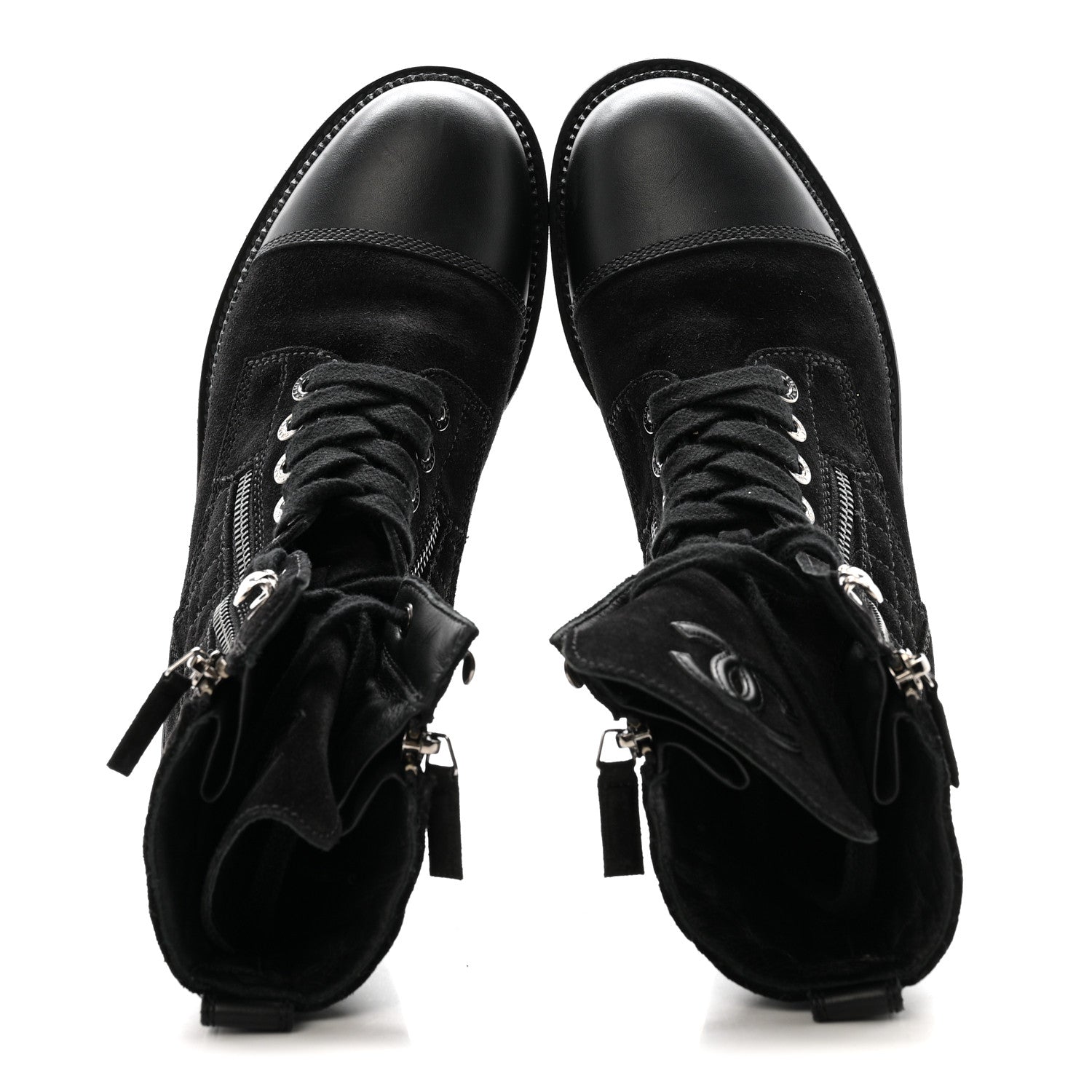 Chanel Suede Calfskin Quilted Lace Up Boots 38 Black